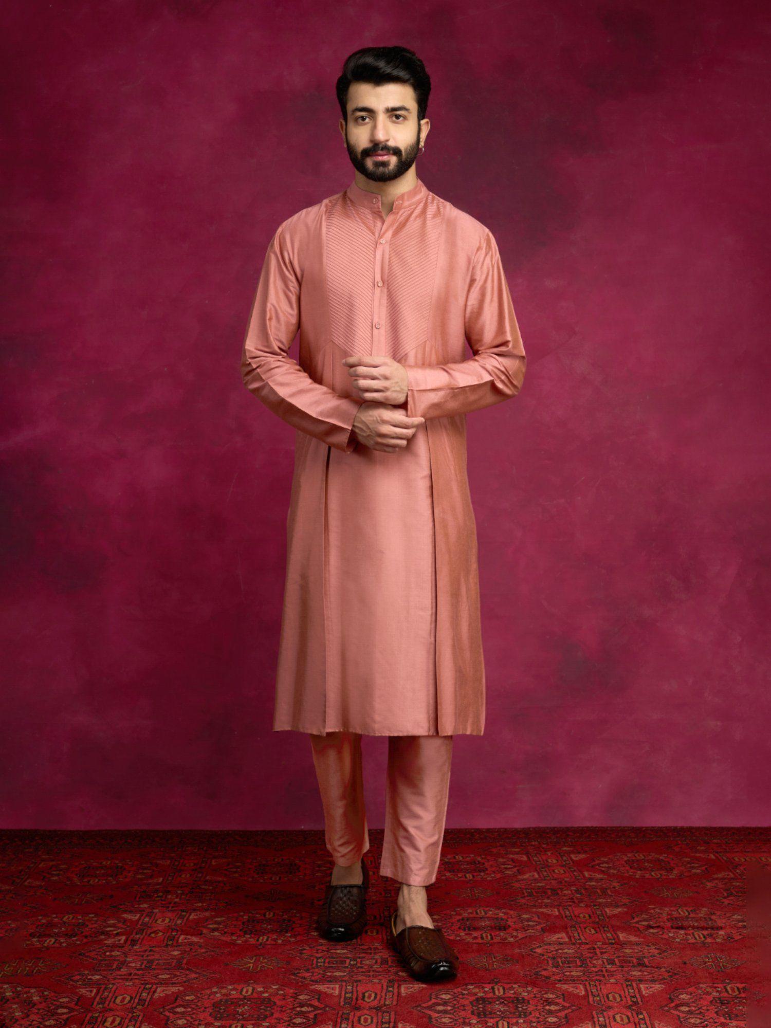 pintuck neck yoke side panel kurta-rose brown