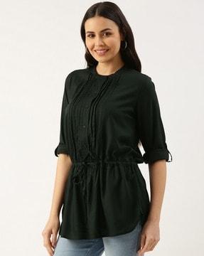 pintucks straight tunic with roll-up sleeves