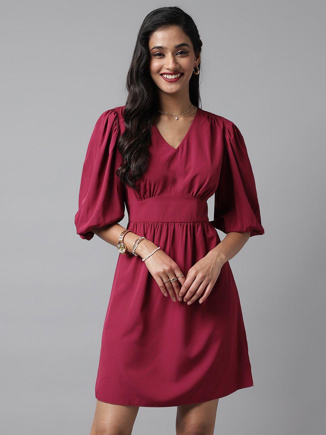 pinwheel balloon sleeve crepe a-line dress