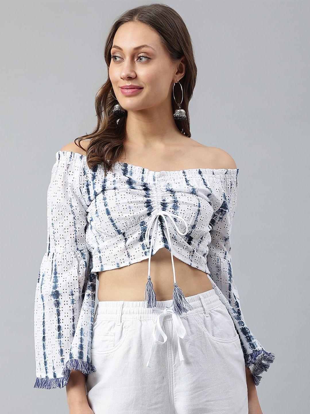 pinwheel blue floral off-shoulder bardot crop top