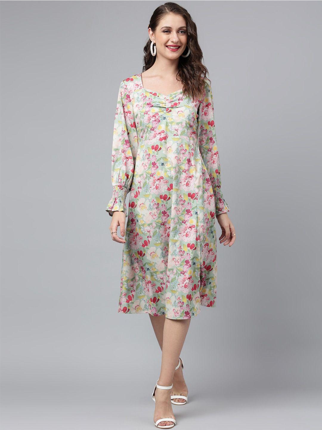 pinwheel green floral print crepe a-line midi dress