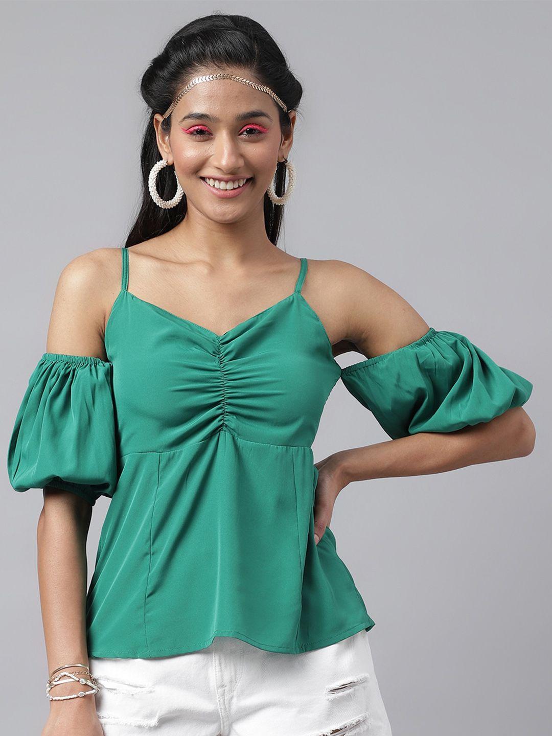 pinwheel green puff sleeve crepe top