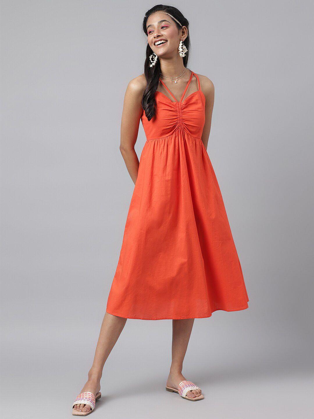pinwheel orange empire midi dress