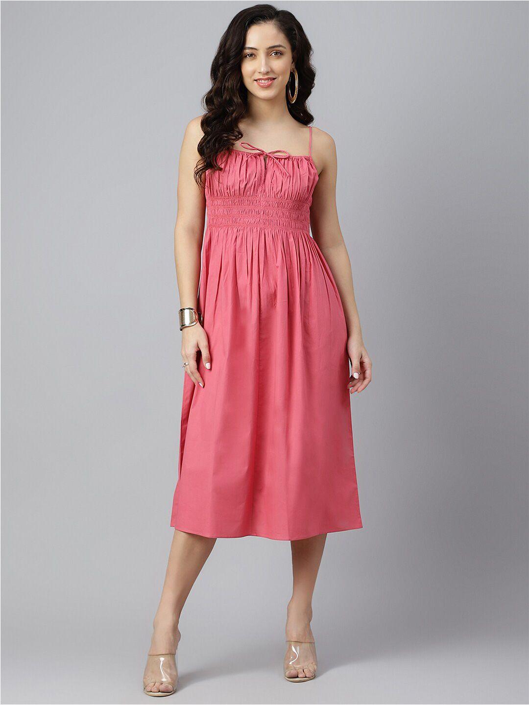 pinwheel pink smocked cotton a-line midi dress
