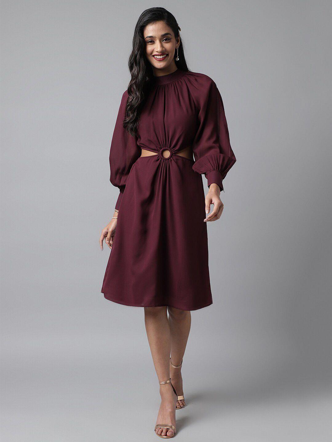 pinwheel purple puff sleeve georgette a-line dress