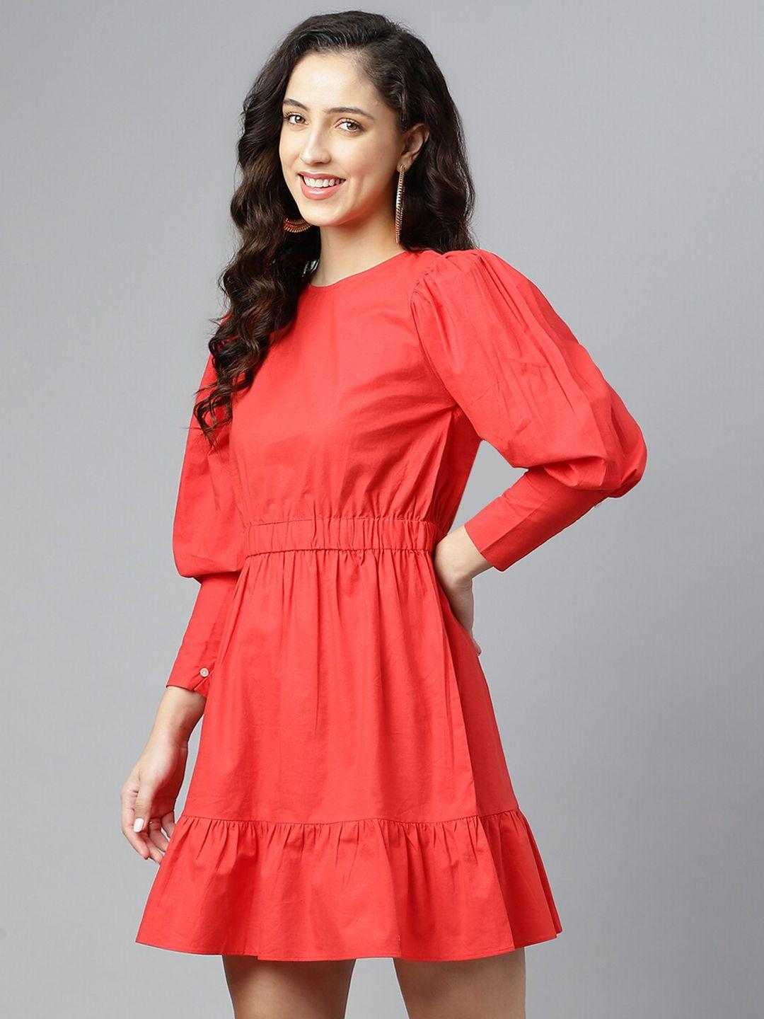 pinwheel red solid pleated fit and flare dress