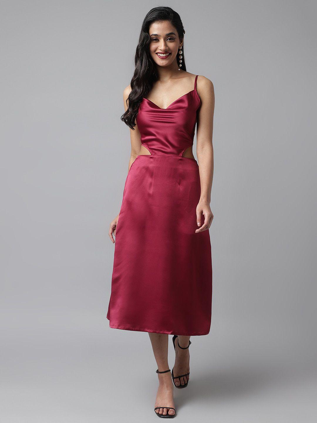 pinwheel shoulder strap cut-out satin fit & flare midi dress