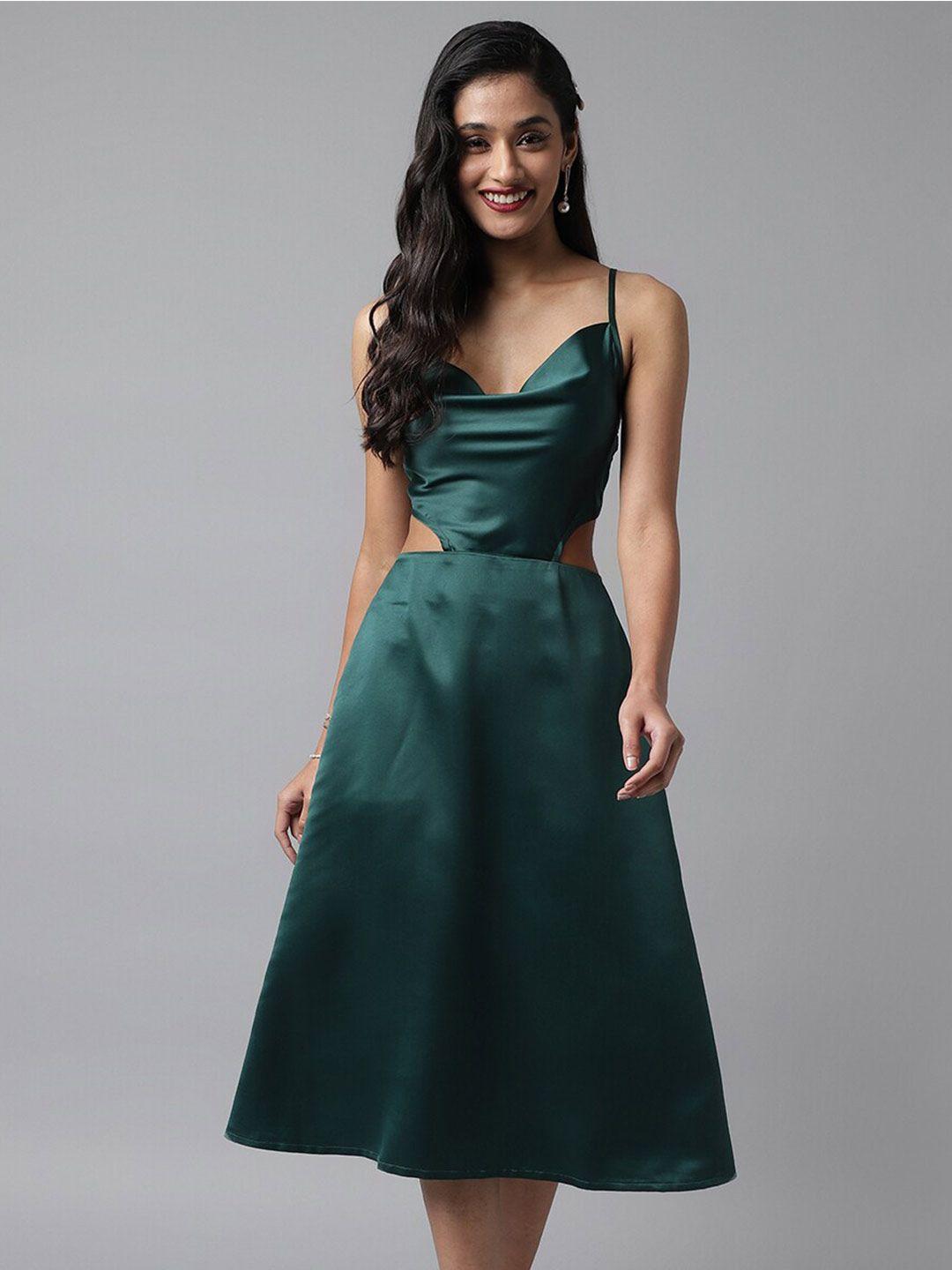 pinwheel shoulder strap cut-out satin fit & flare midi dress