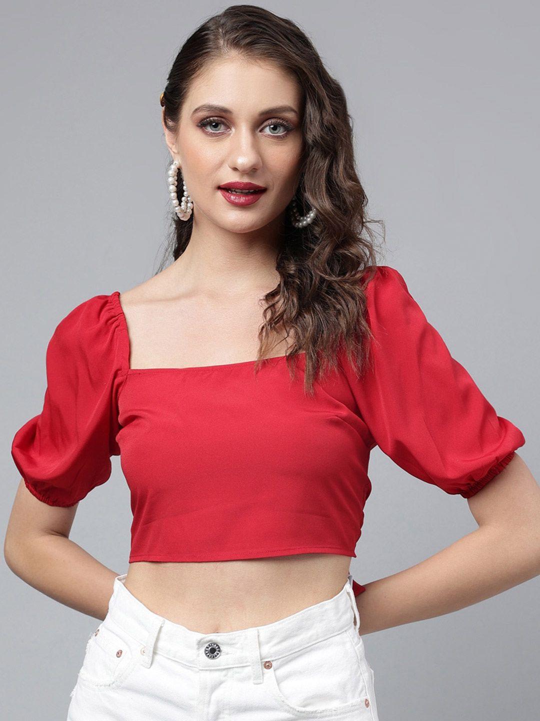 pinwheel square neck puff sleeve back criss-cross detailed crepe crop top