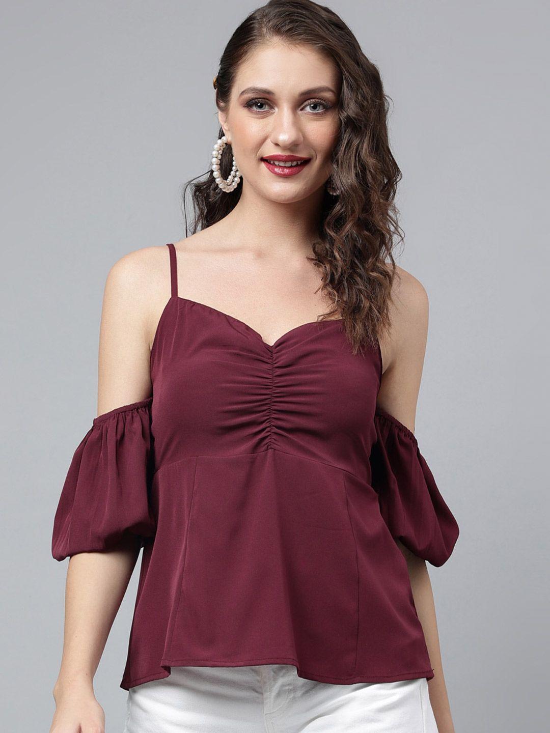 pinwheel sweet-heart neck cold-shoulder ruched crepe top