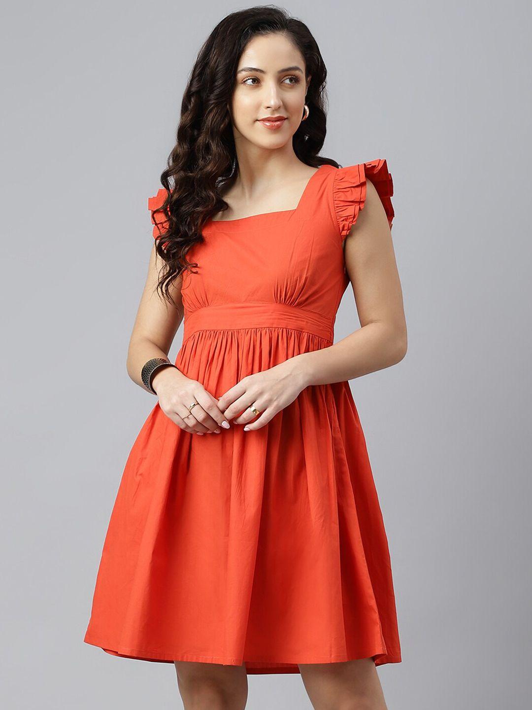 pinwheel women orange flutter sleeves a-line dress