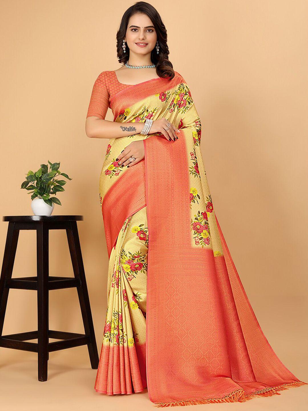 pionex floral printed woven design zari pure silk kanjeevaram saree