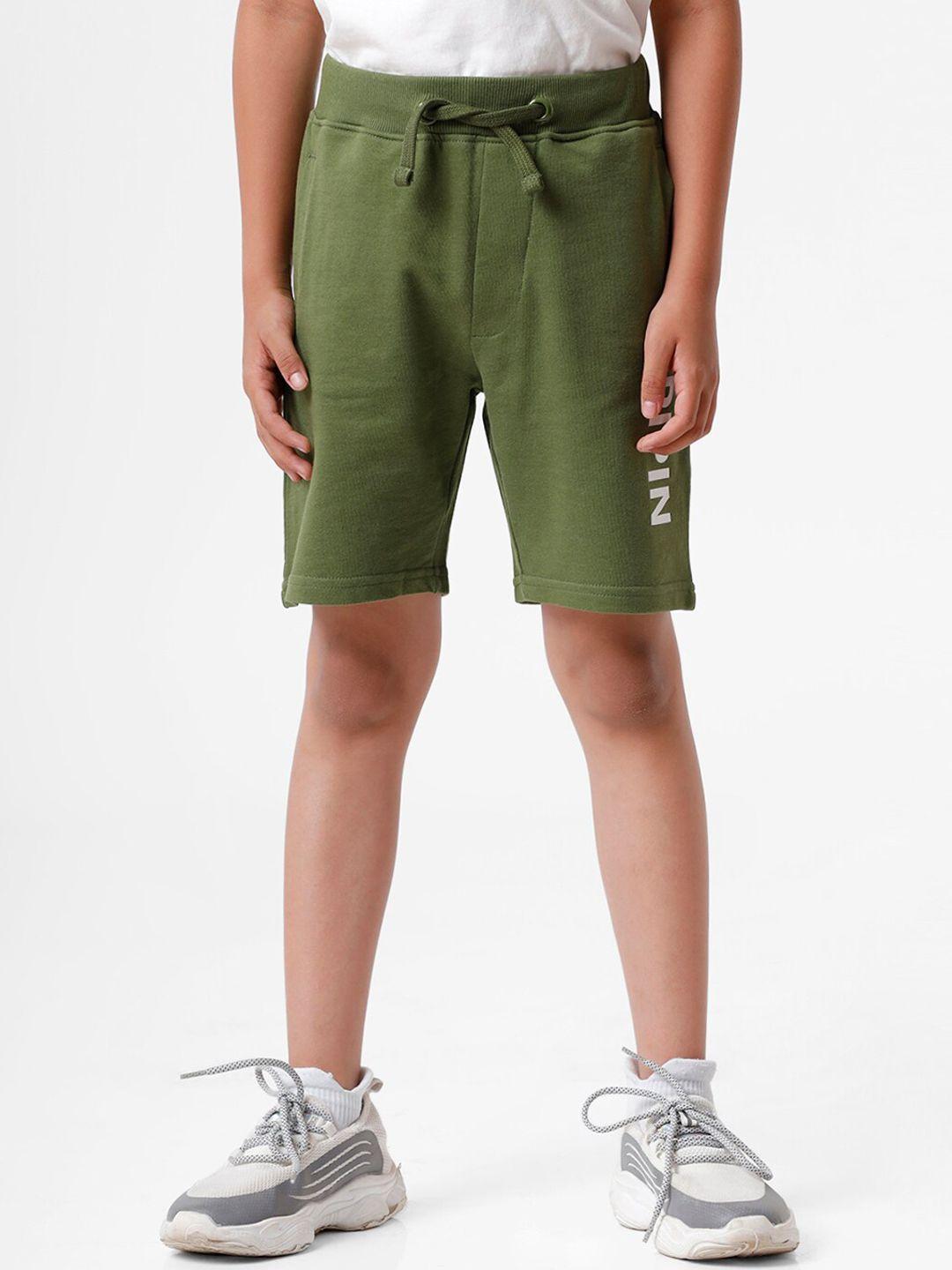 pipin boys green typography printed pure cotton shorts