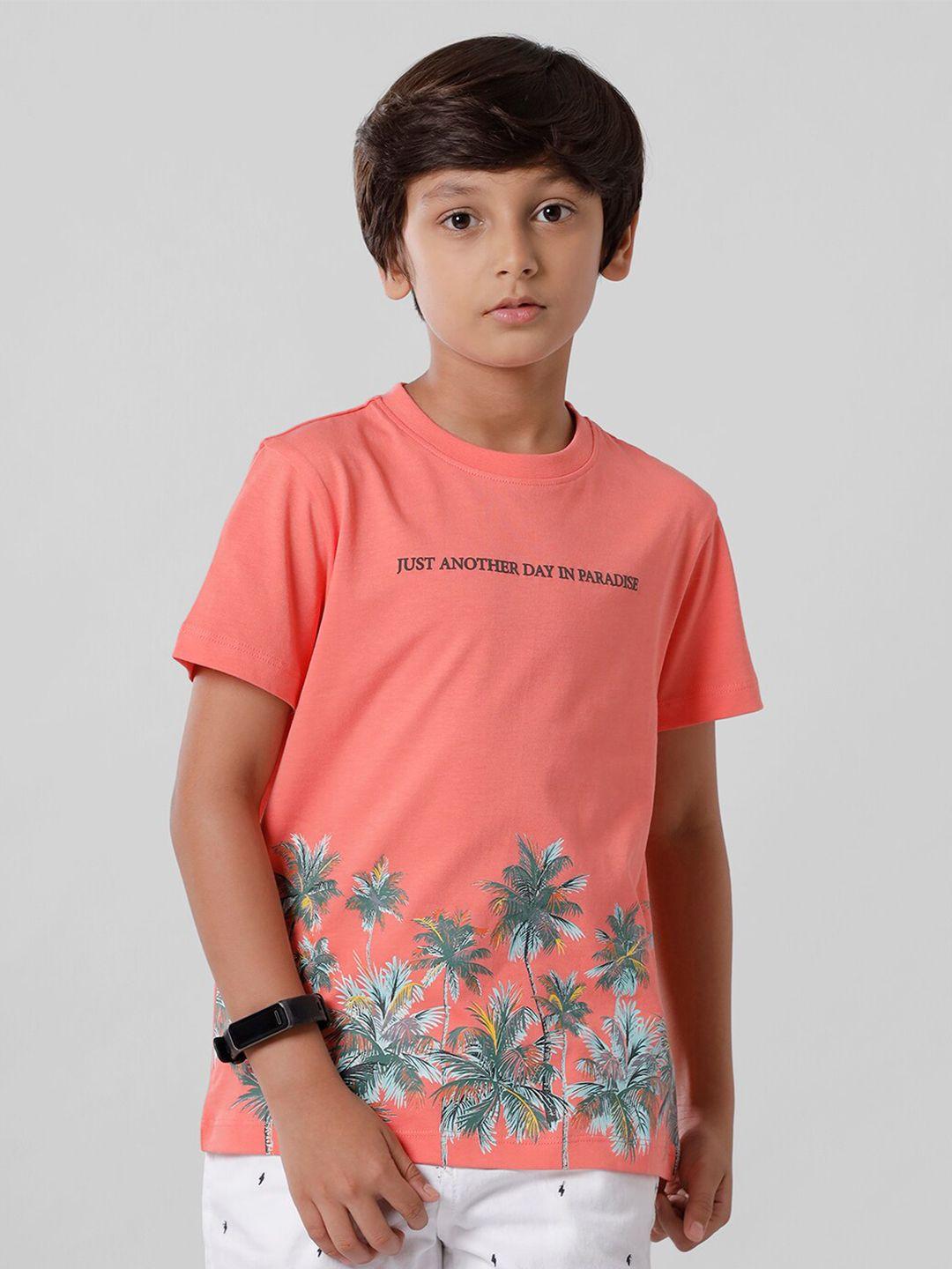 pipin boys peach-coloured floral printed tropical applique t-shirt