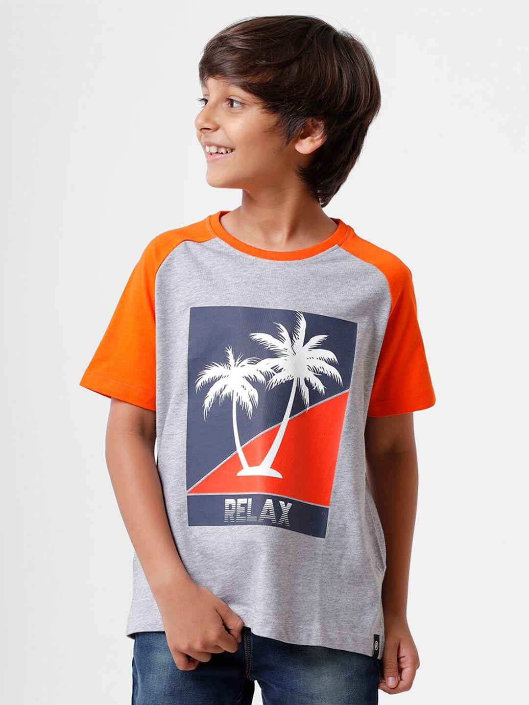 pipin boys grey melange & orange printed t-shirt