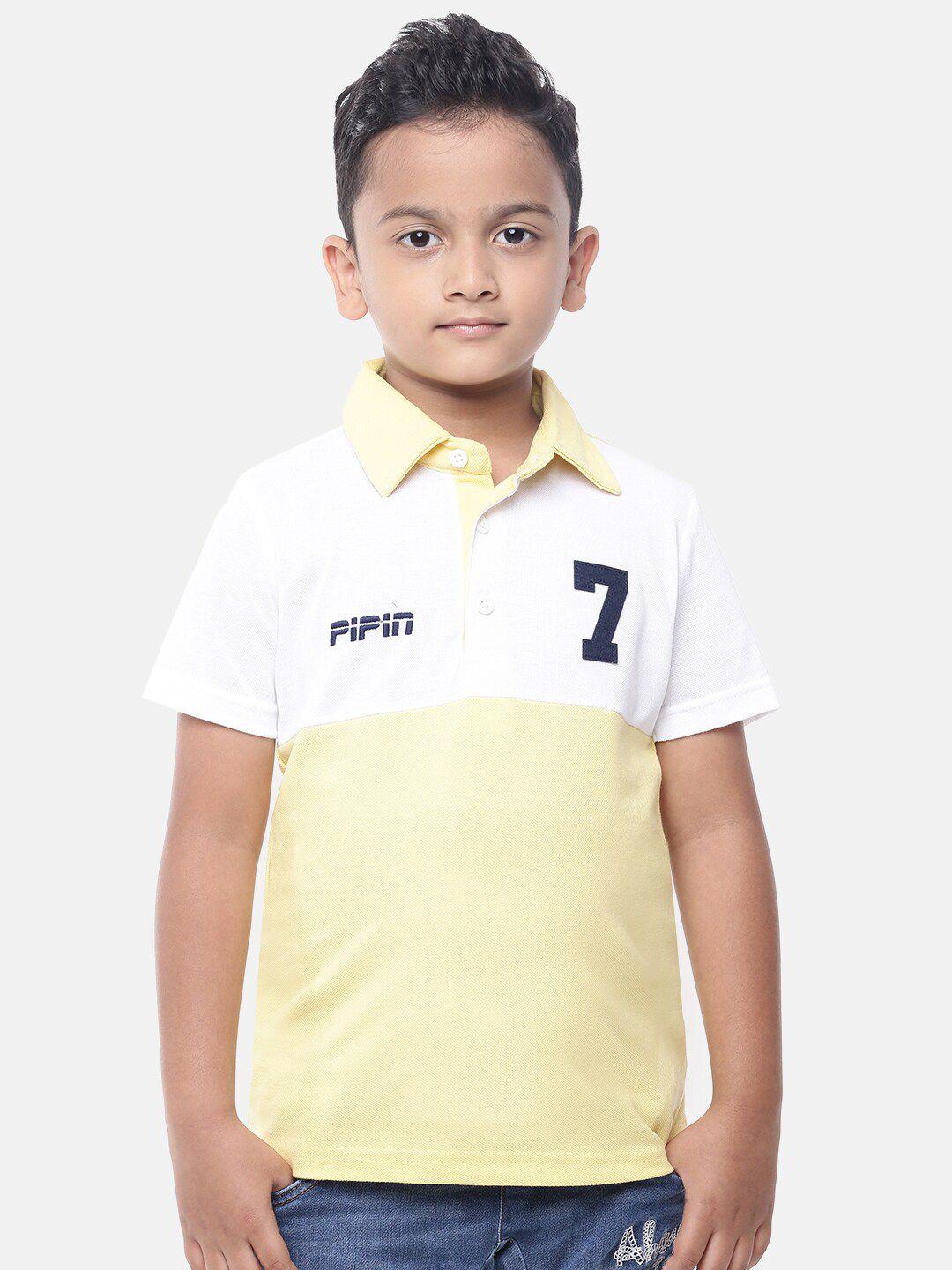 pipin boys yellow & white colourblocked polo collar applique pure cotton t-shirt