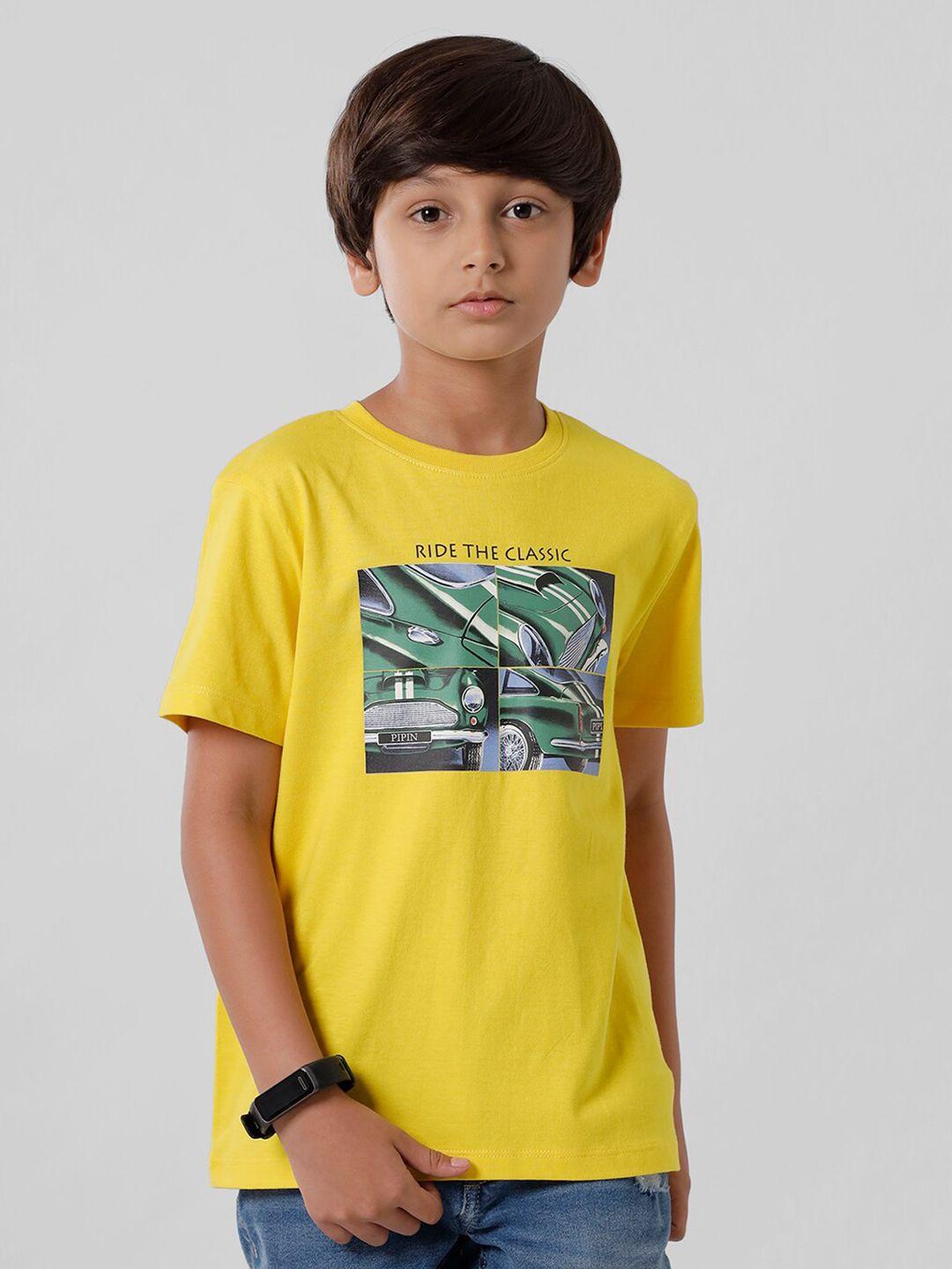 pipin boys yellow typography printed applique t-shirt
