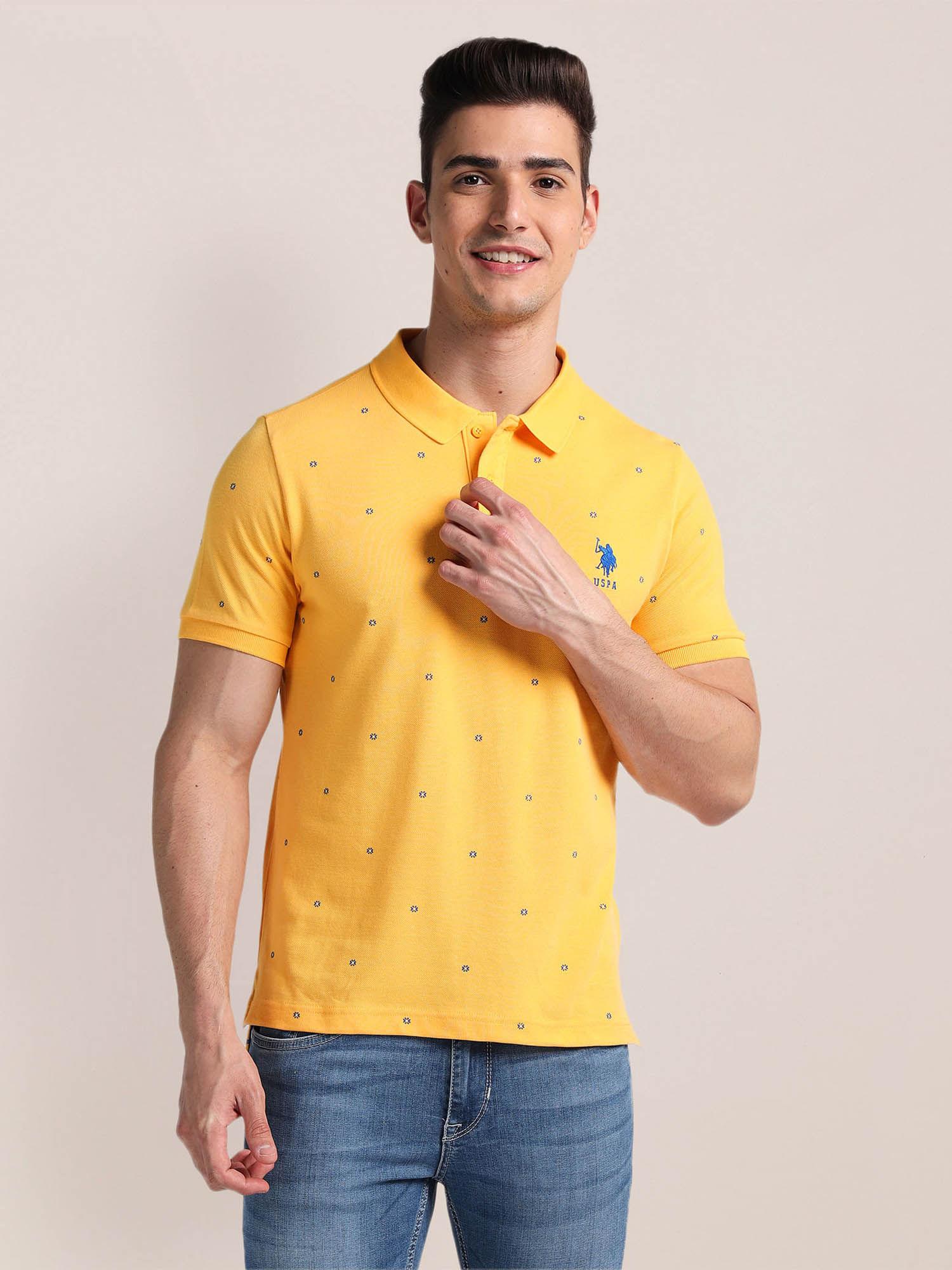 pique knit floral printed polo t-shirt yellow