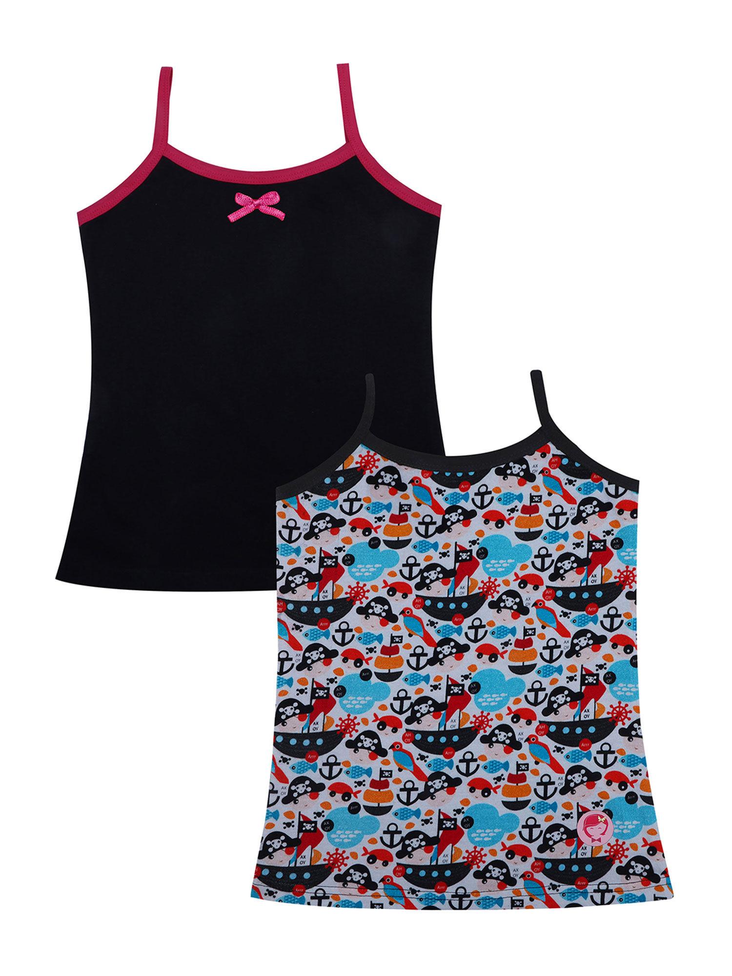 pirate printed & black coloured camisoles for girls (pack of 2)