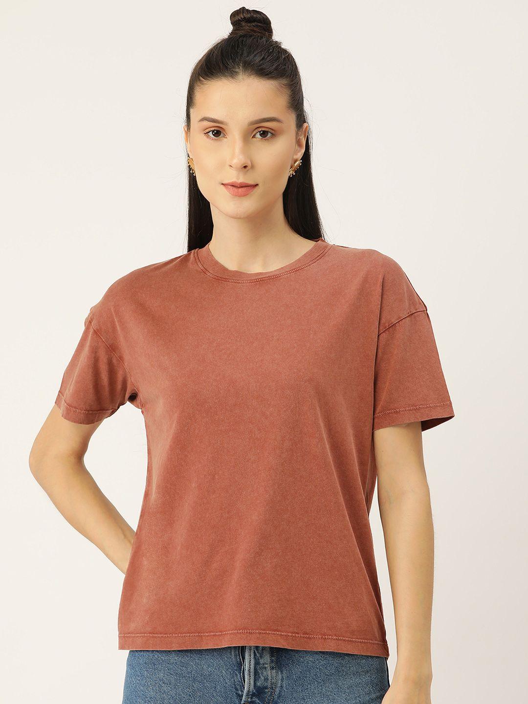 pirko women rust brown drop-shoulder sleeves solid cotton t-shirt