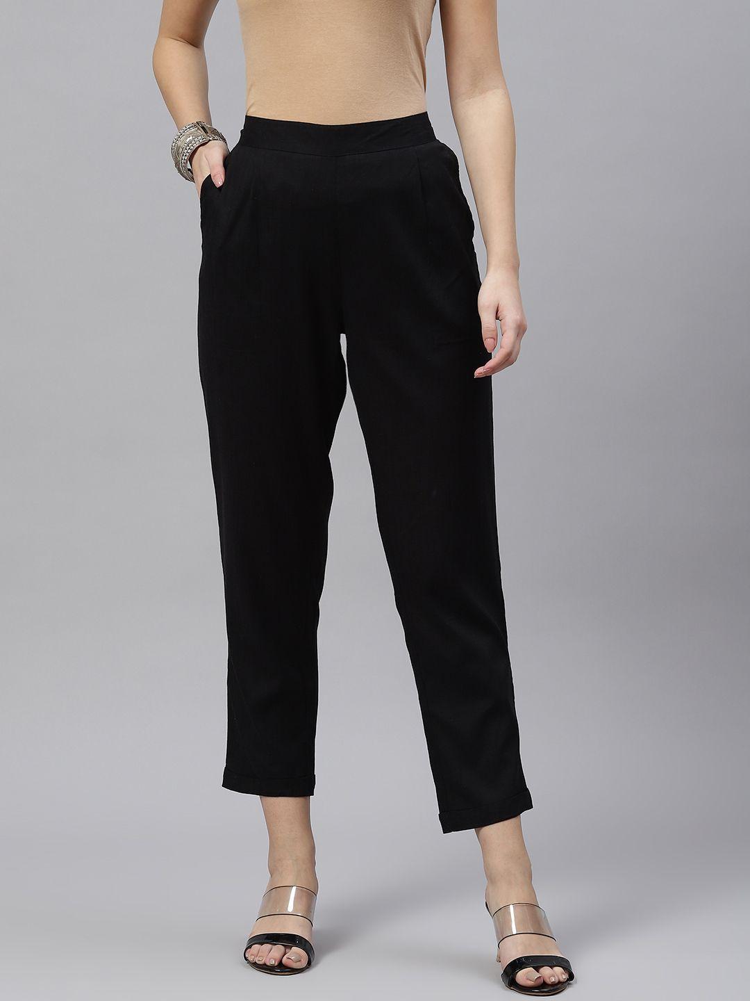 piroh women black solid cropped trousers