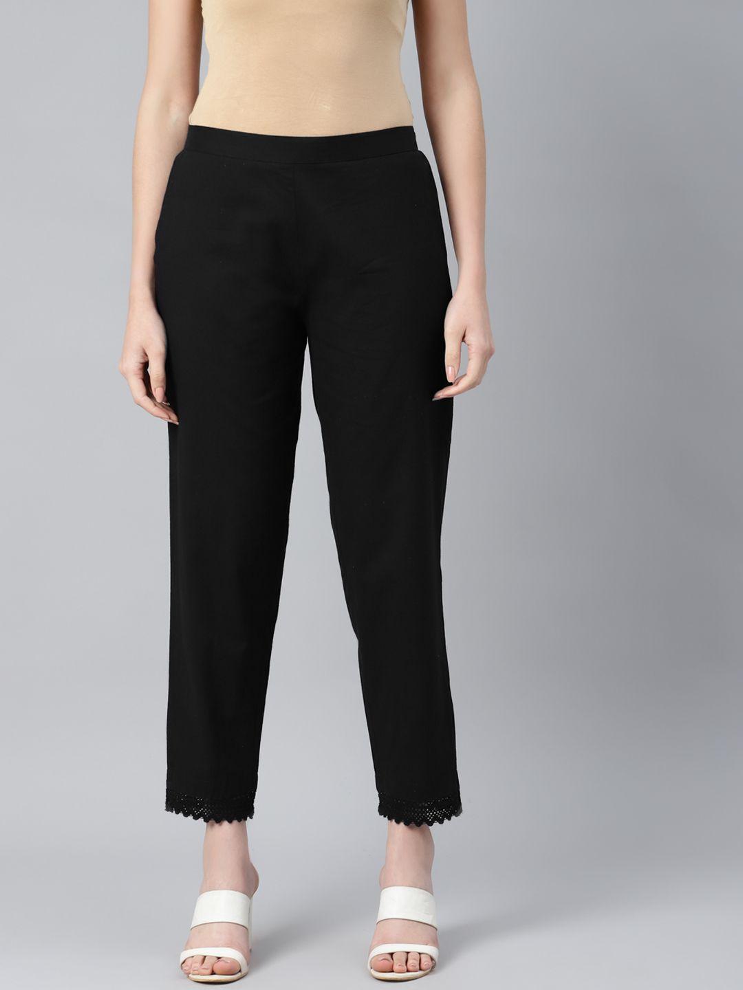 piroh women black solid pure cotton straight fit trousers