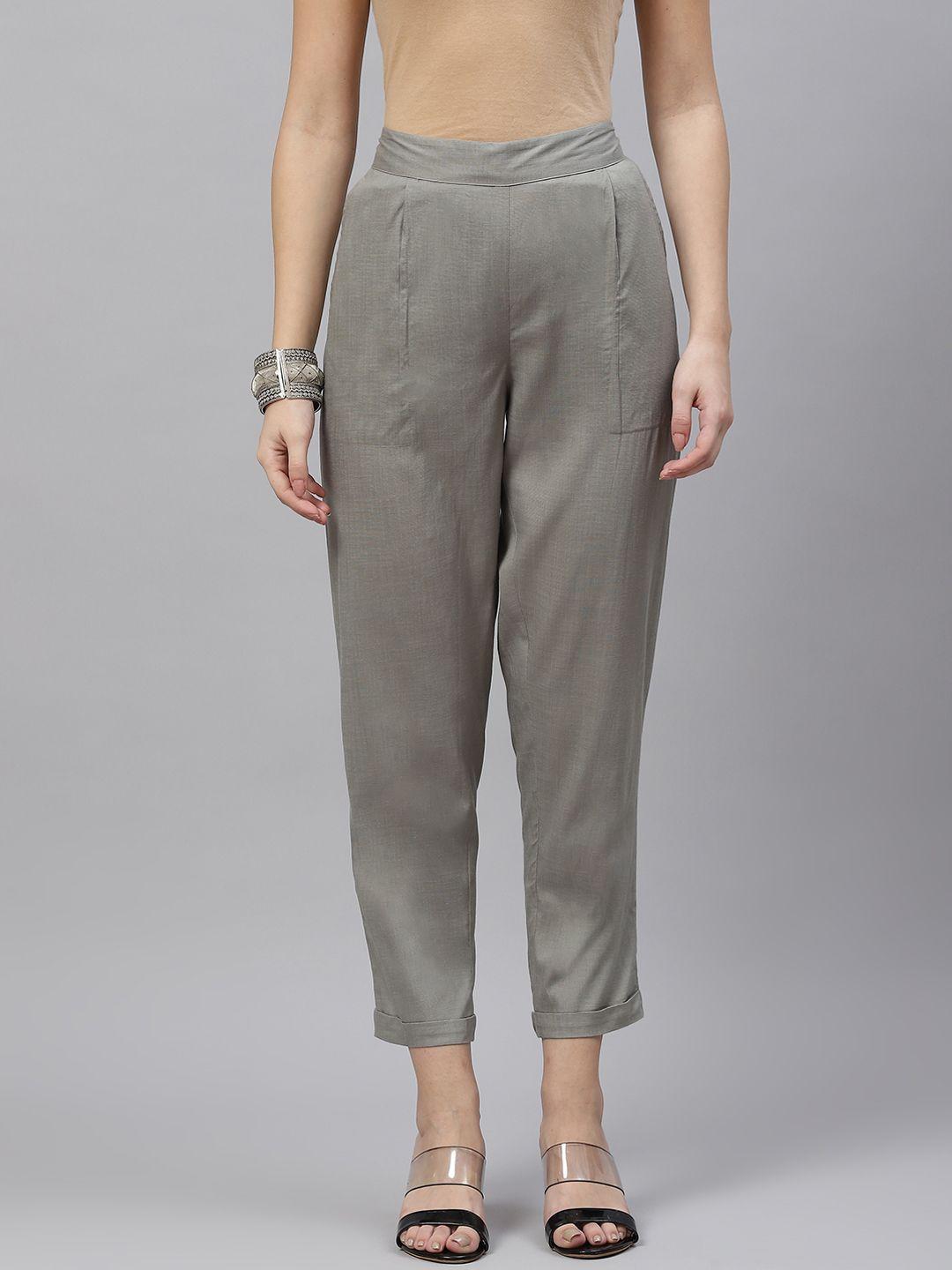 piroh women grey solid cropped trousers