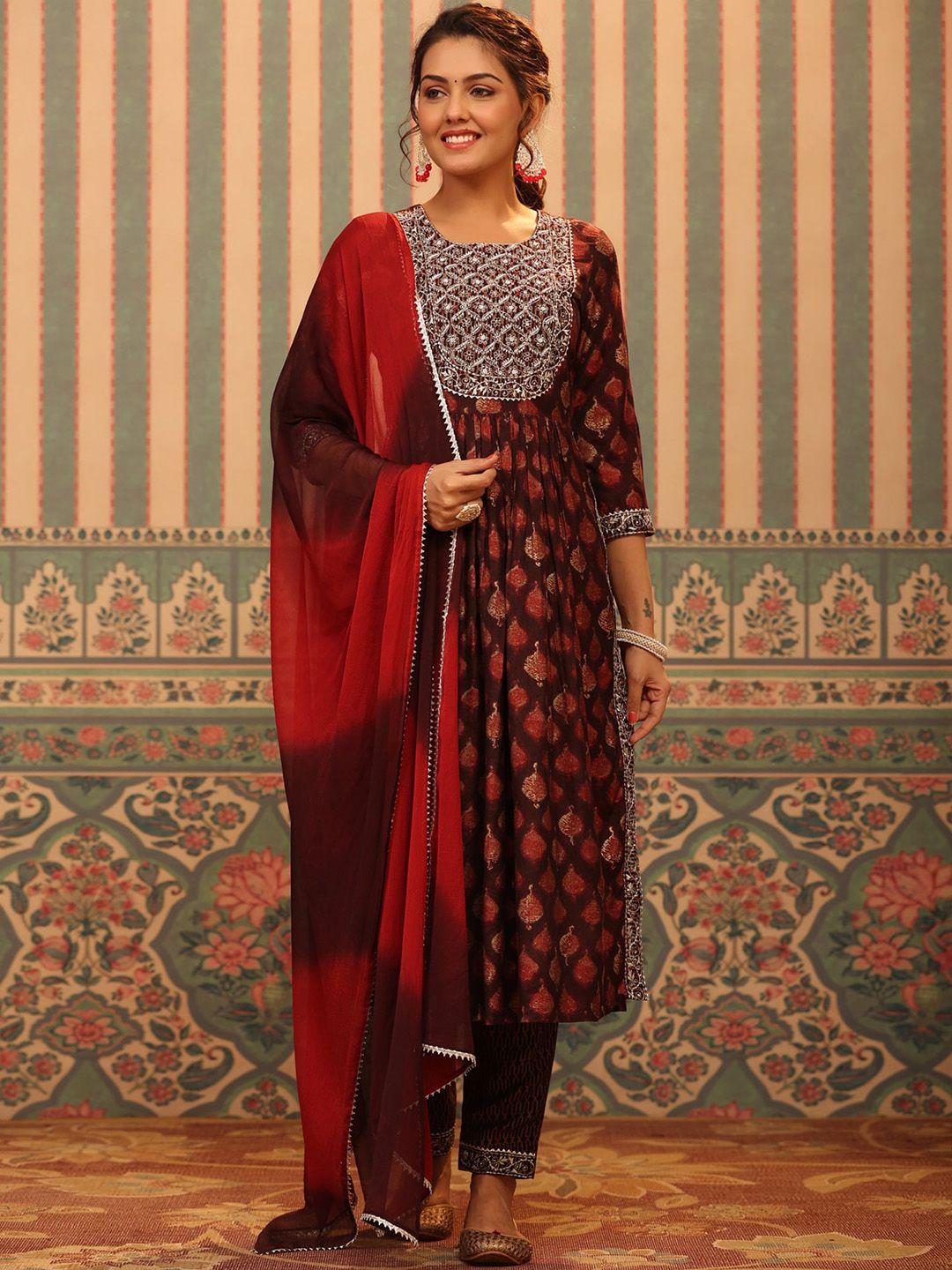 piroh ethnic motifs foil printed pure cotton kurta & trousers with dupatta