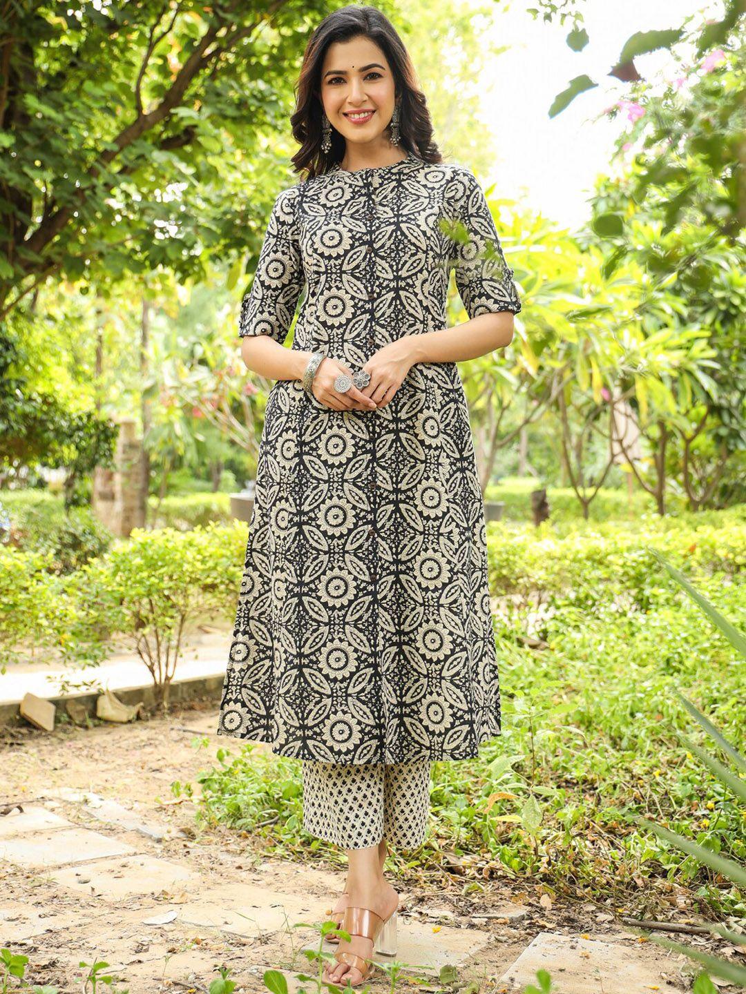 piroh ethnic motifs printed mandarin collar pure cotton a-line kurta with trousers