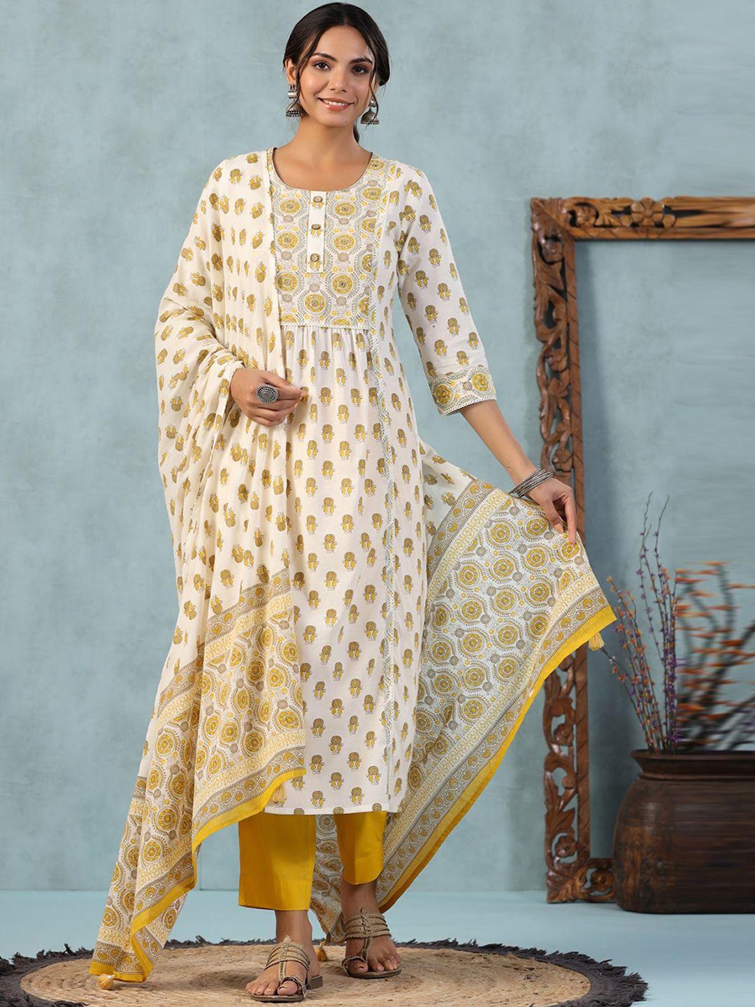 piroh ethnic motifs printed mirror work pure cotton kurta with trousers & with dupatta