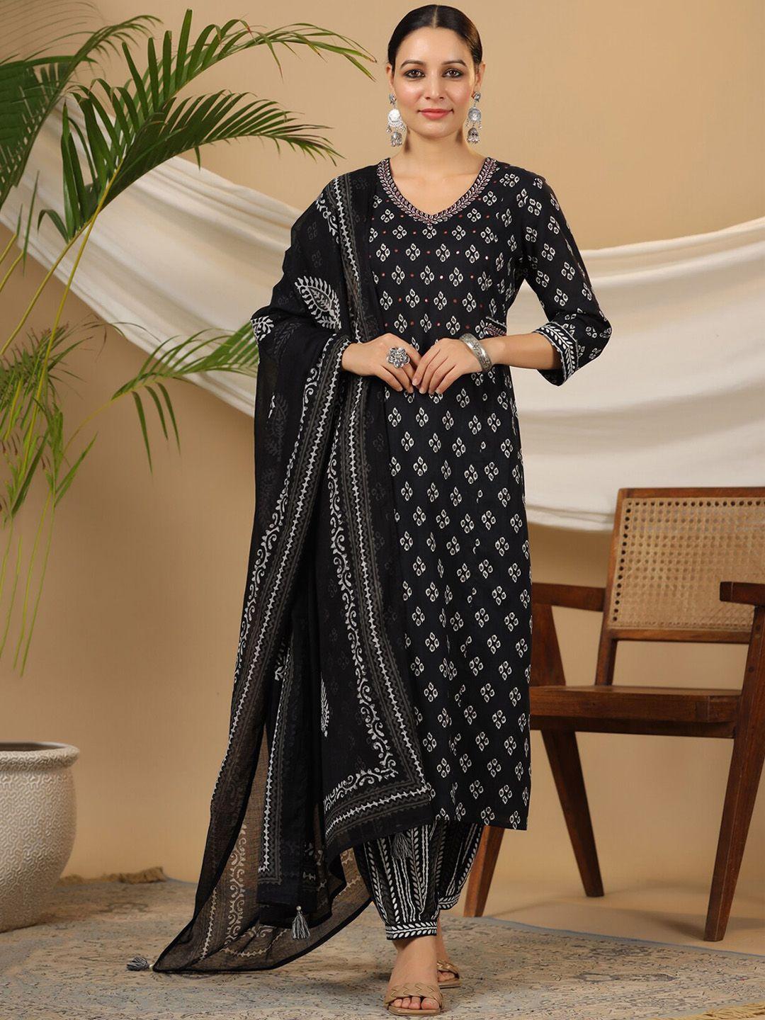 piroh ethnic motifs printed pure cotton straight kurta with salwar & dupatta