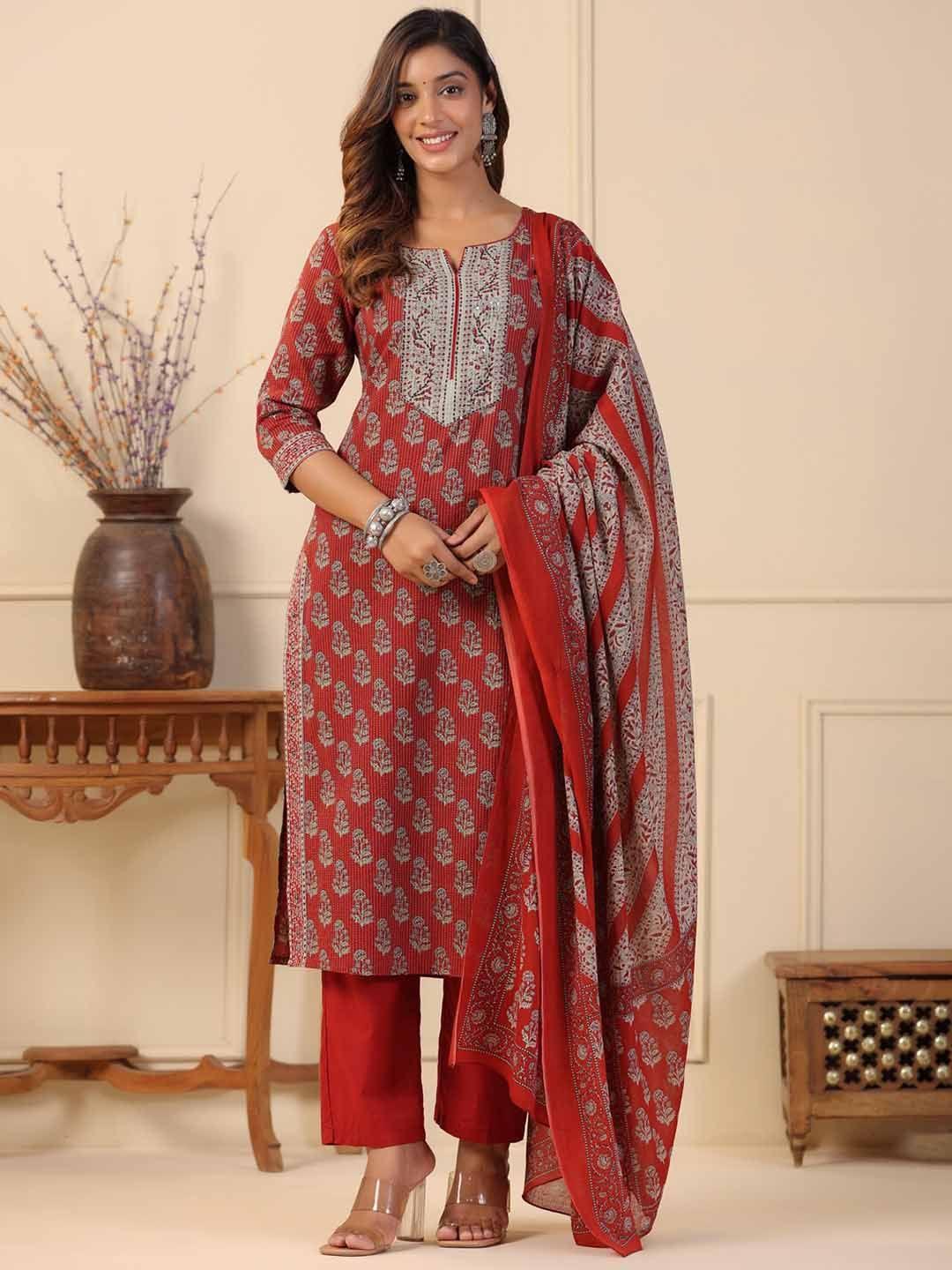 piroh ethnic motifs printed regular pure cotton kurta with trousers & dupatta