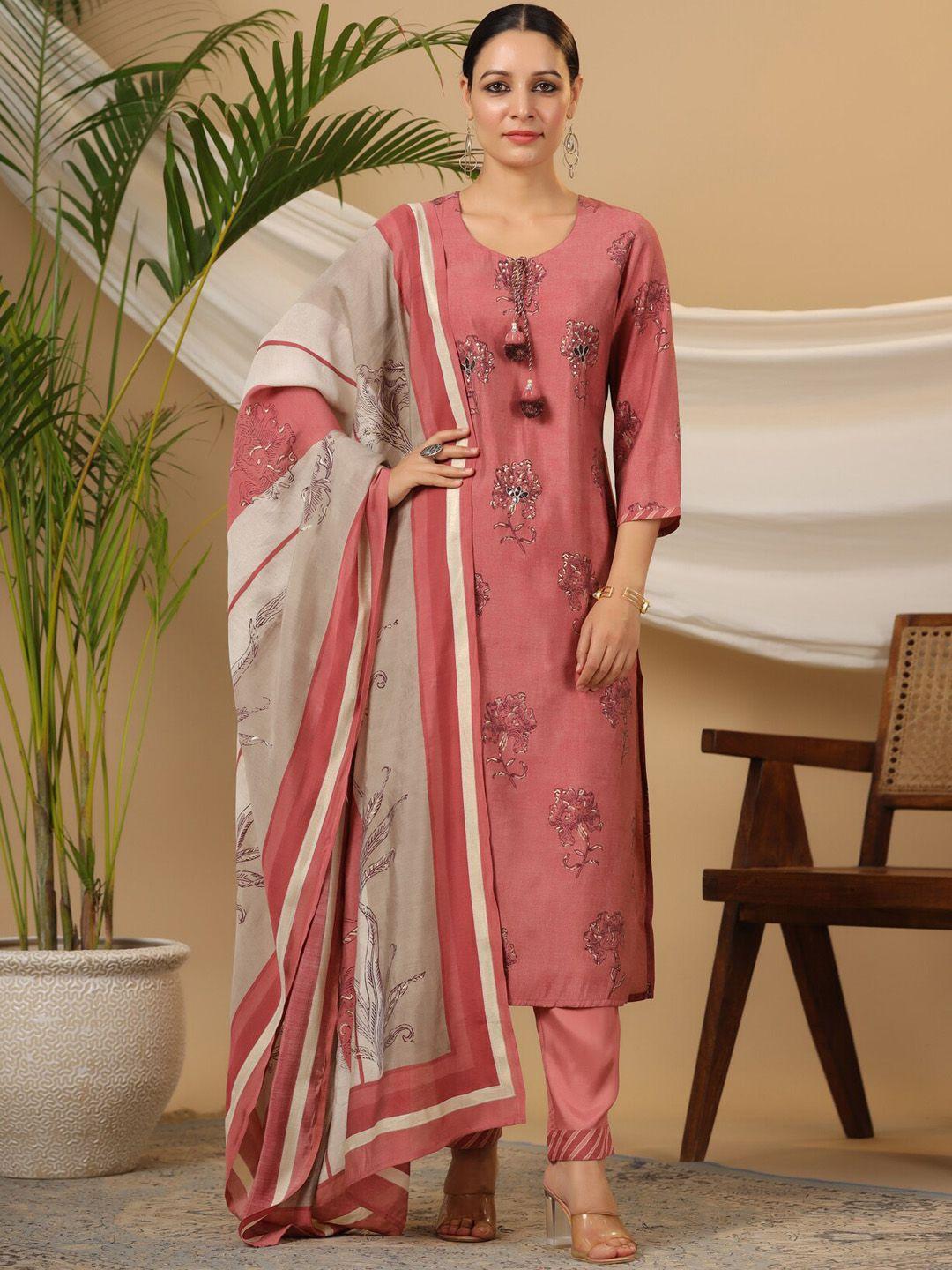 piroh floral embroidered sequinned straight kurta with trousers & dupatta
