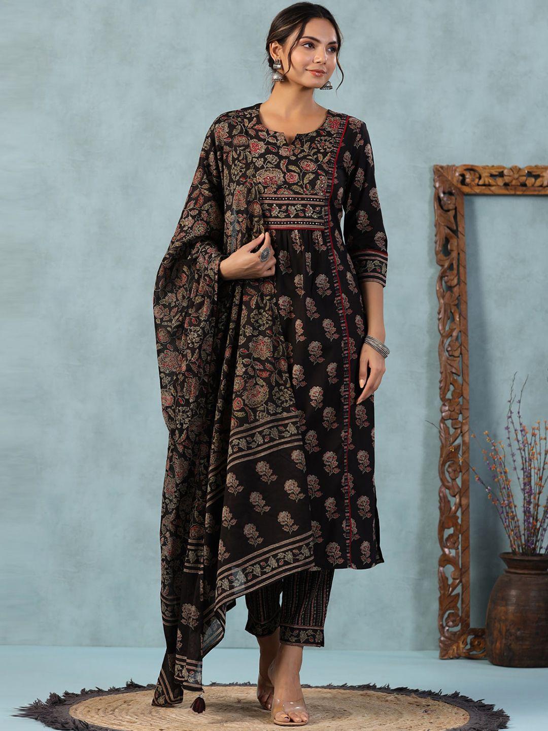 piroh floral motifs printed sequinned pure cotton kurta with trousers & with dupatta