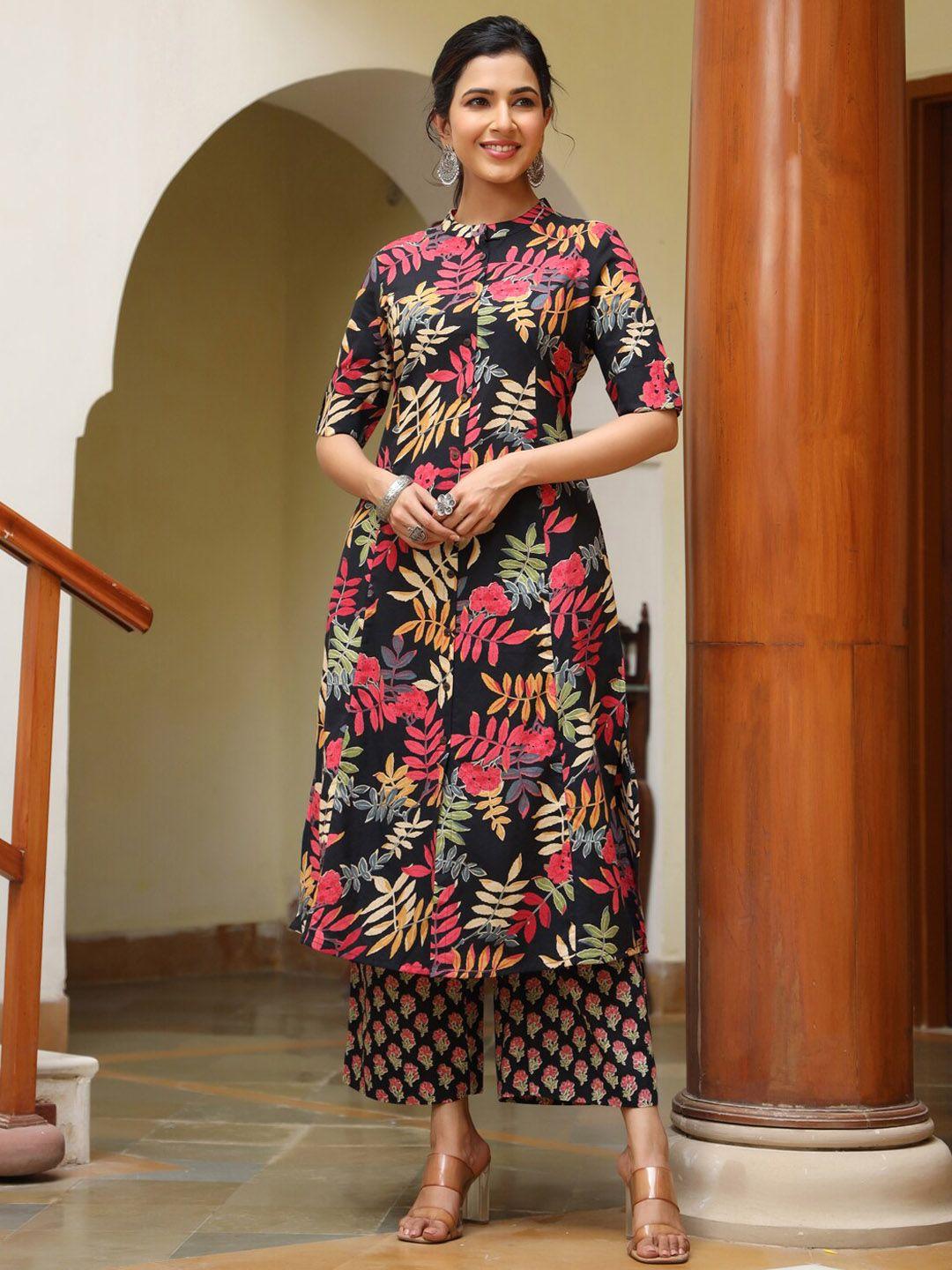 piroh floral printed mandarin collar pure cotton a-line kurta with trousers