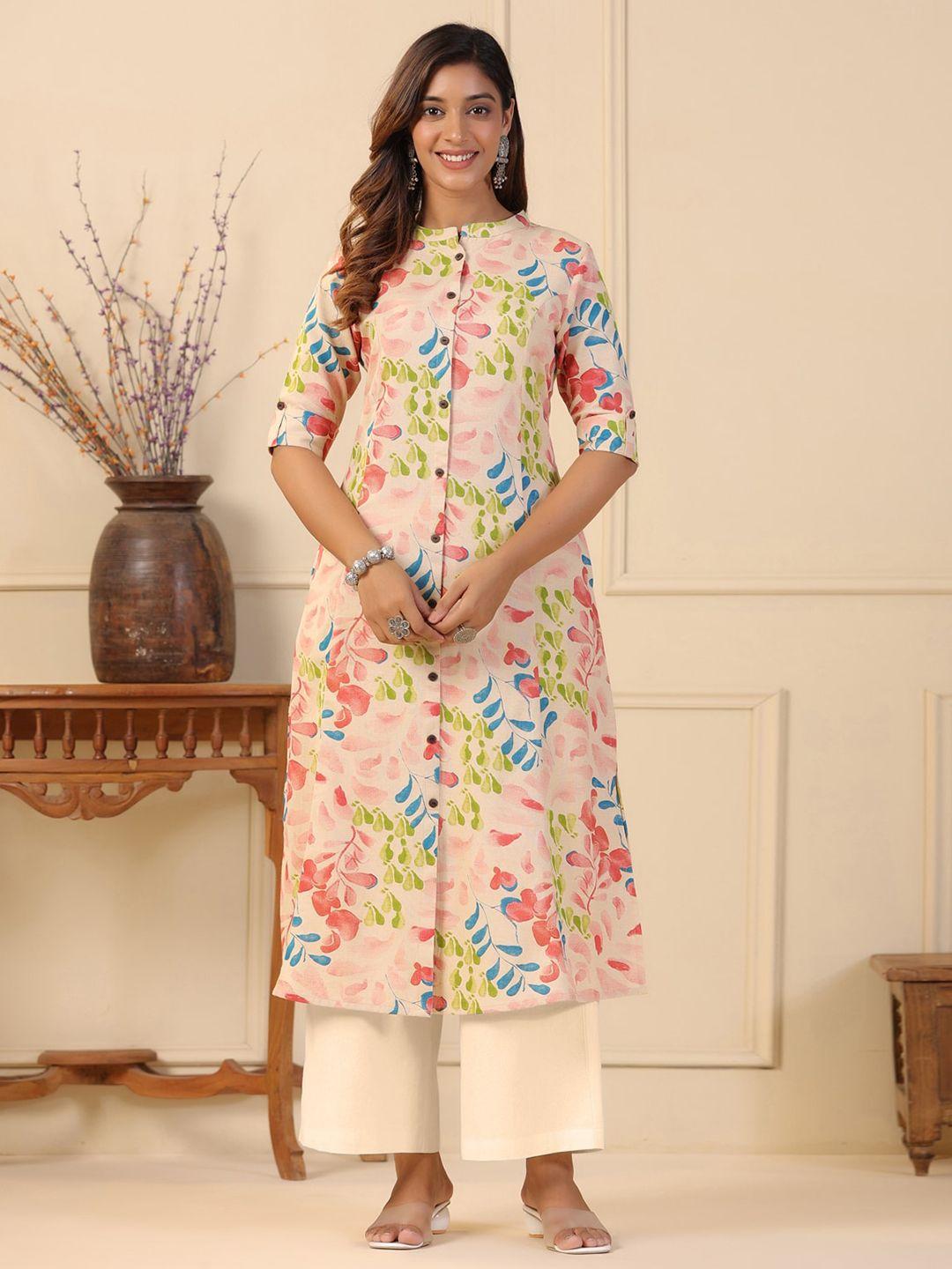 piroh floral printed mandarin collar roll-up sleeves pure cotton kurta