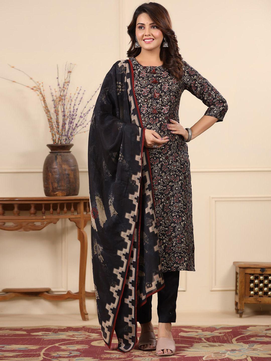 piroh floral printed regular kurta with trousers & dupatta