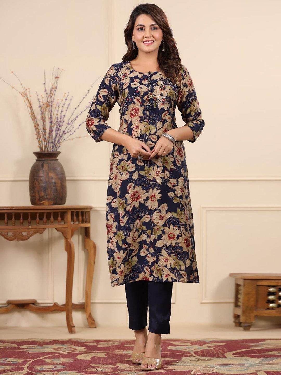 piroh floral printed regular thread work kurta with trousers