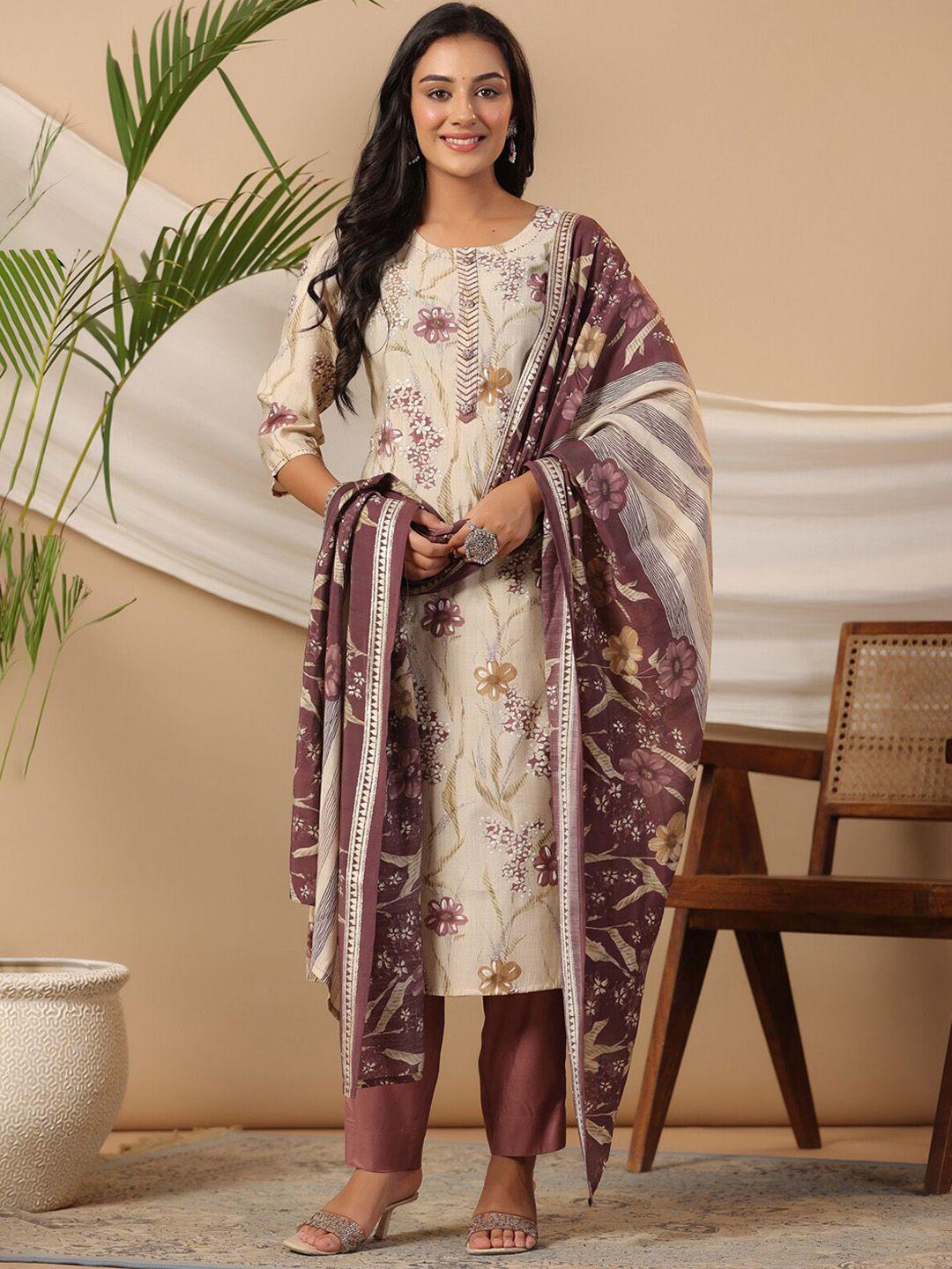 piroh floral printed sequinned straight kurta with trouser & dupatta