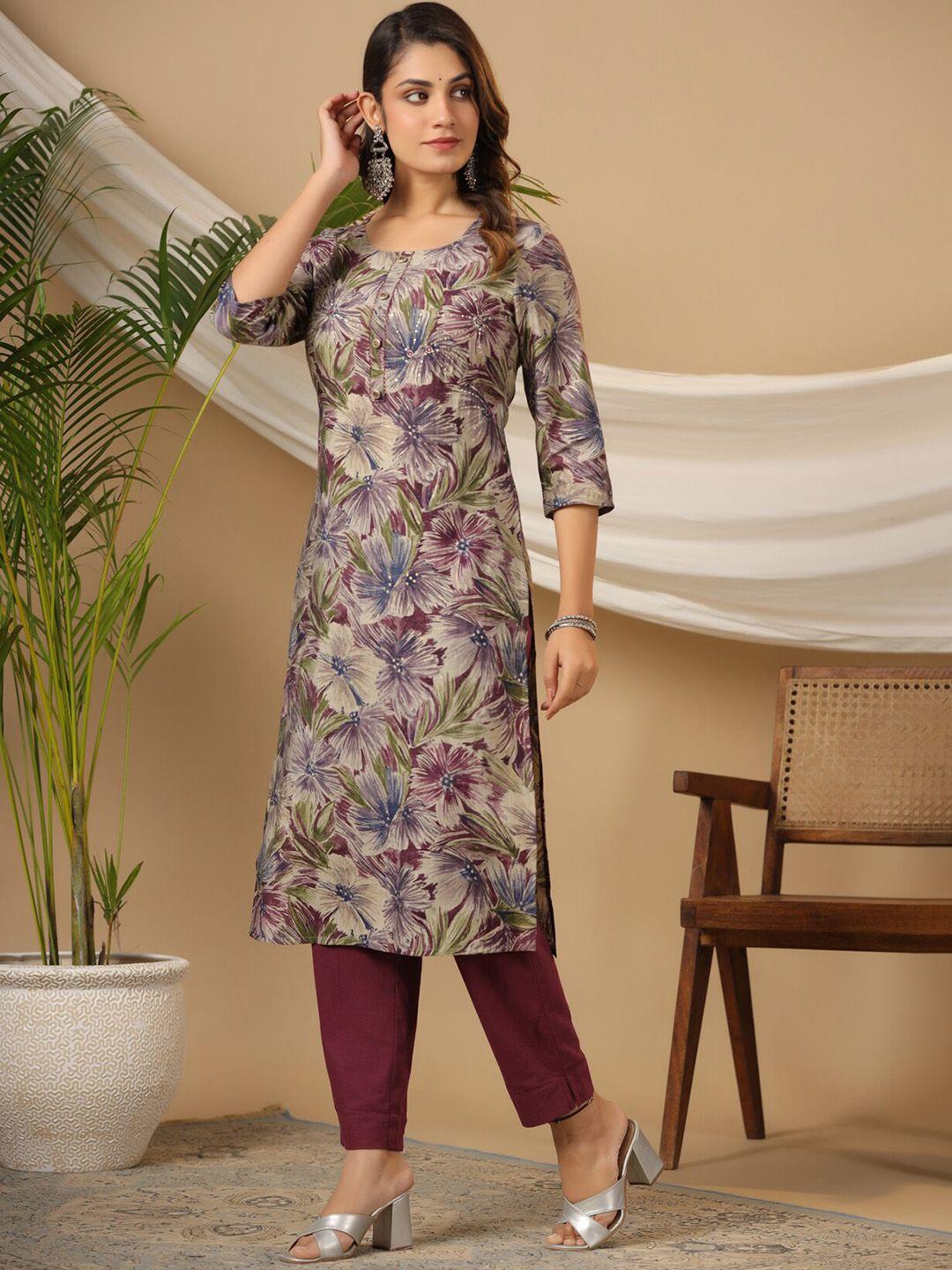 piroh floral printed sequinned straight kurta with trouser