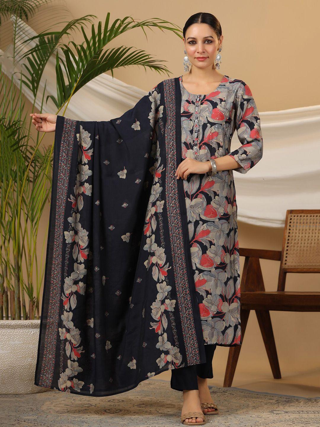 piroh floral printed sequinned straight kurta with trousers & dupatta