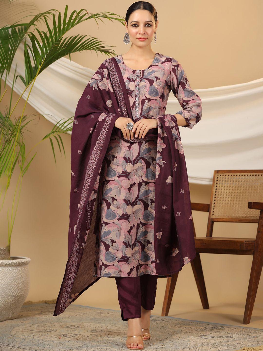piroh floral printed sequinned straight kurta with trousers & dupatta