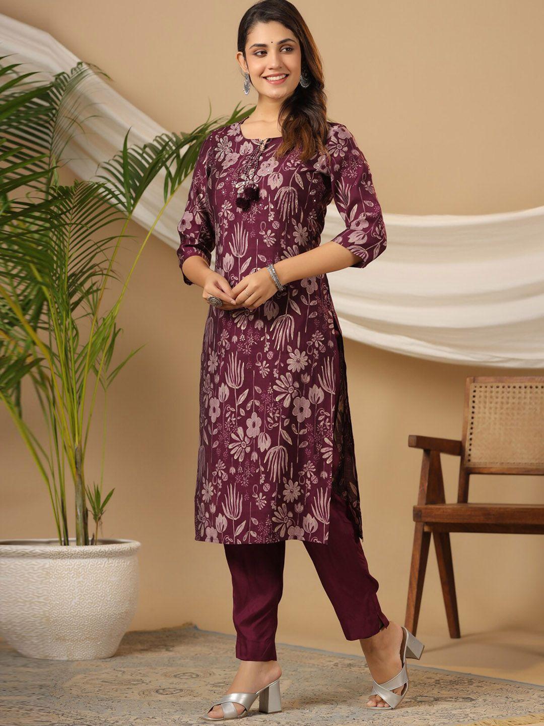 piroh floral printed sequinned straight kurta with trousers