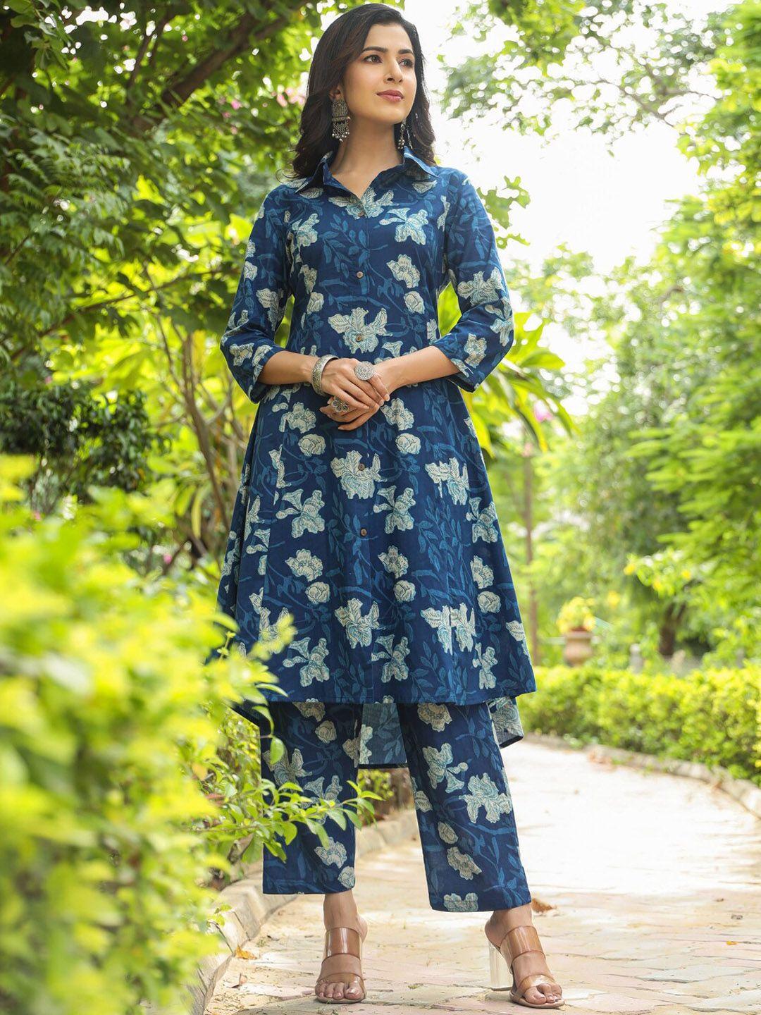 piroh floral printed shirt collar a-line pure cotton kurta with trousers