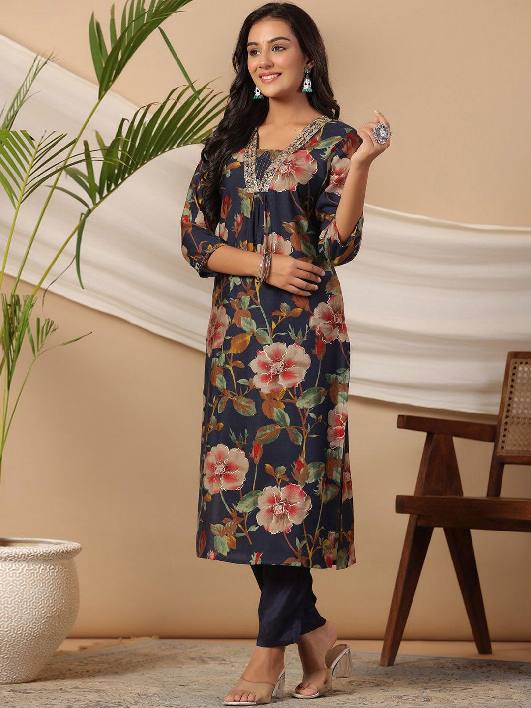 piroh floral printed v-neck kurta with trousers