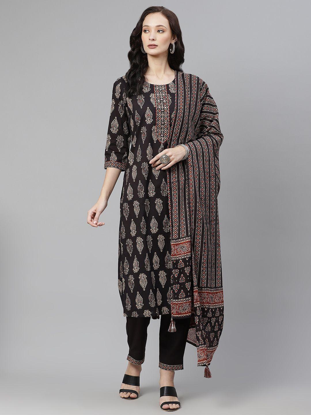 piroh women black & beige ethnic motifs cotton kurta with trousers & dupatta