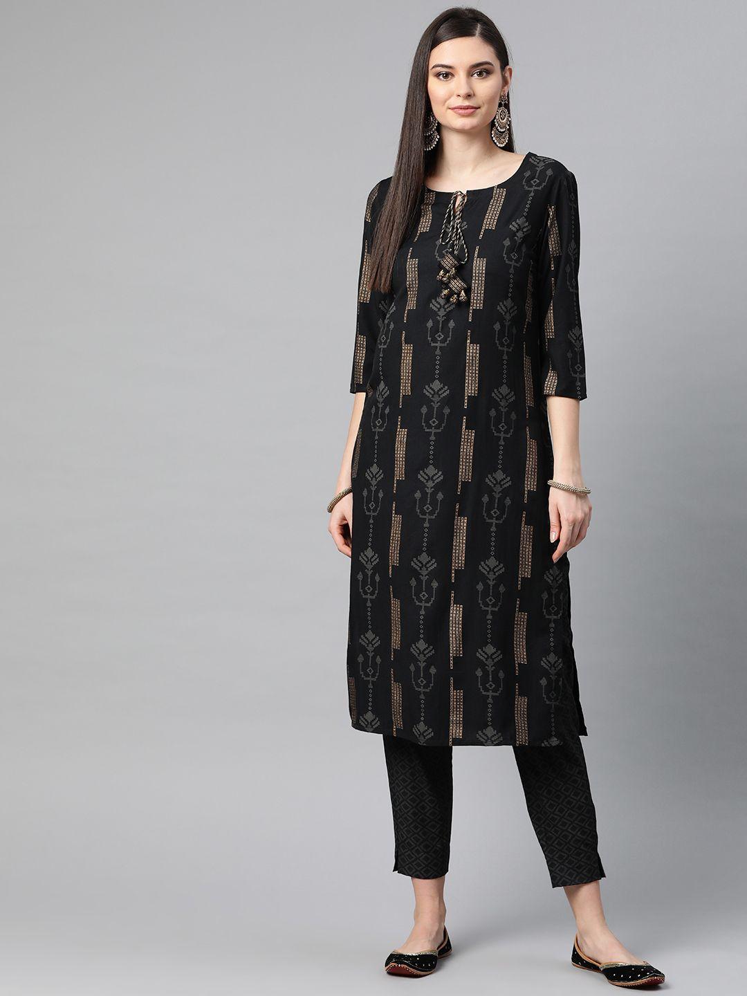 piroh women black & golden printed kurta with trousers