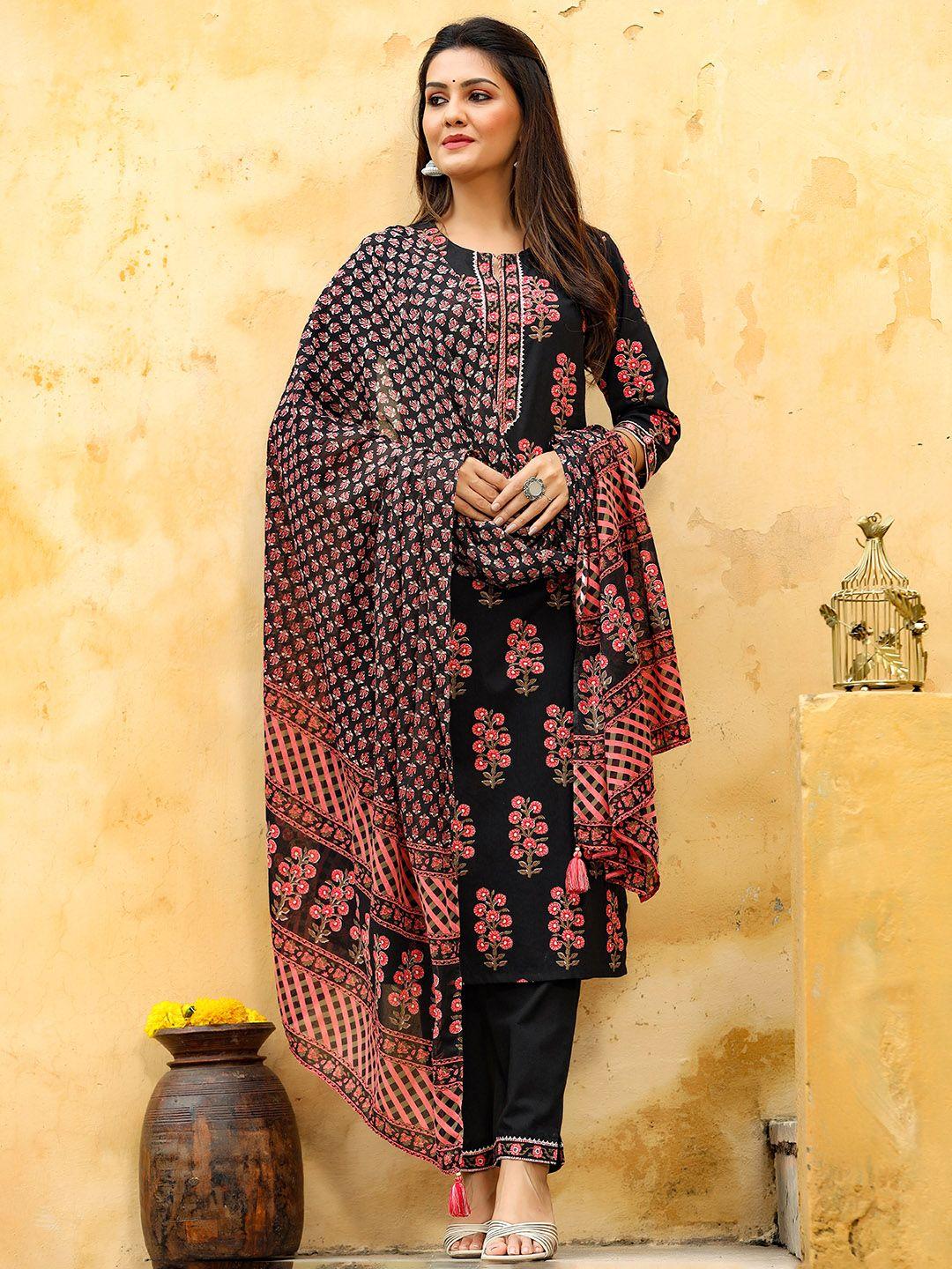 piroh women black & pink ethnic motifs  gotta patti cotton kurta with trousers & dupatta