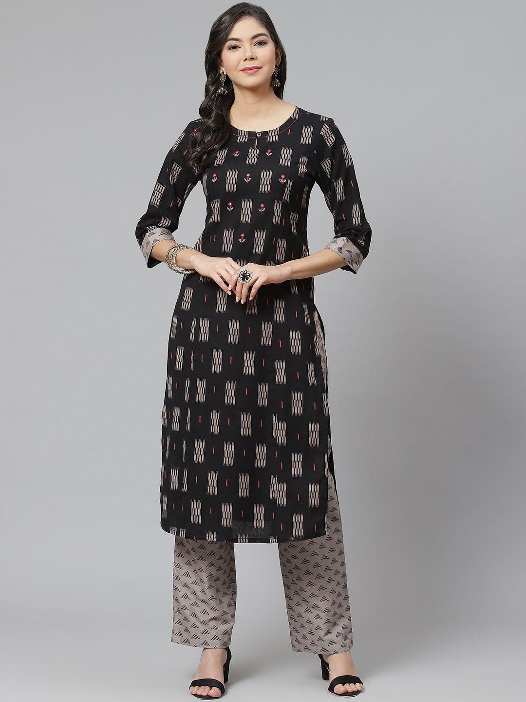 piroh women black & taupe printed kurta with trousers