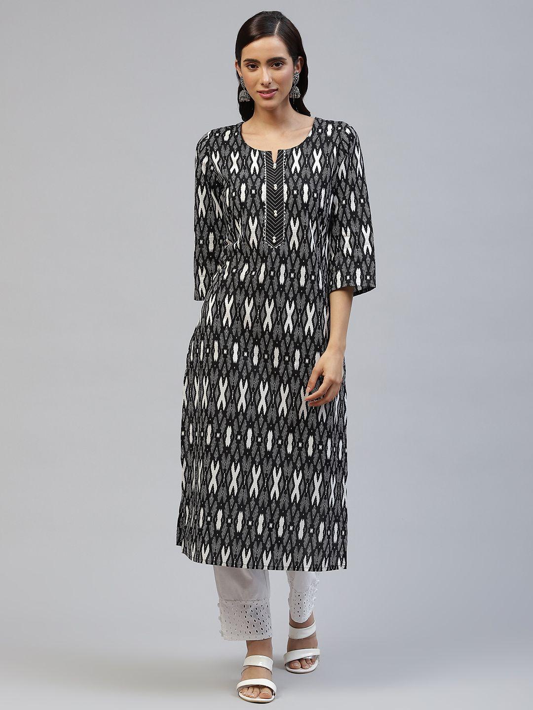 piroh women black & white ikat printed cotton straight kurta